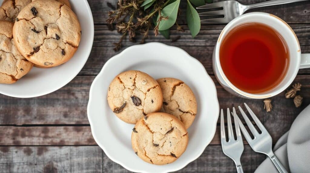 Earl Grey Cookies Recipe – A Tea-Infused Treat 3 Earl Grey Cookies Recipe: Flat lay of Earl Grey cookies on a white plate, accompanied by a teacup, cutlery, and tea leaves on a rustic wooden table.