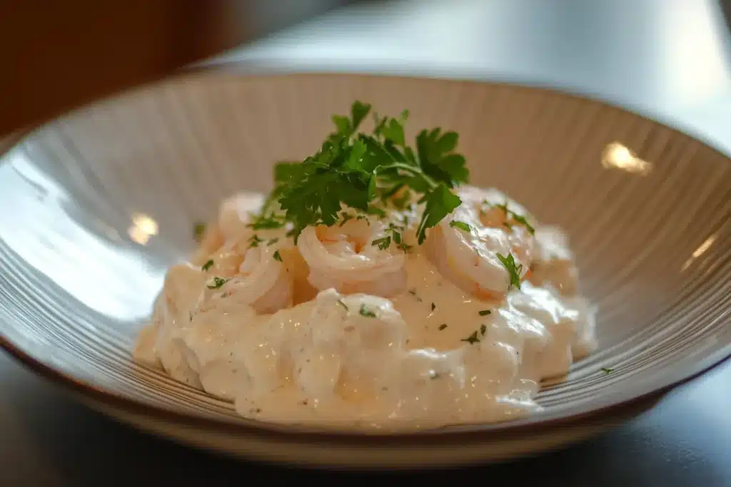 Is Shrimp Alfredo Good for Protein? A Detailed Nutritional Analysis 4 A beautifully plated Shrimp Alfredo dish with a rich, creamy sauce, topped with fresh parsley. Discover if Shrimp Alfredo is a good source of protein.