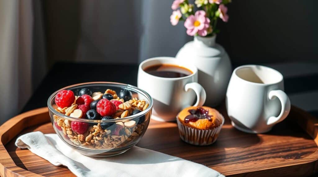 Healthy Breakfast Curry Recipe: A Nutritious Way to Start 2 healthy breakfast curry recipe "Wooden tray with a glass bowl of granola topped with fresh raspberries and blueberries, a muffin with jam, and two coffee cups, decorated with a small vase of flowers in the background."