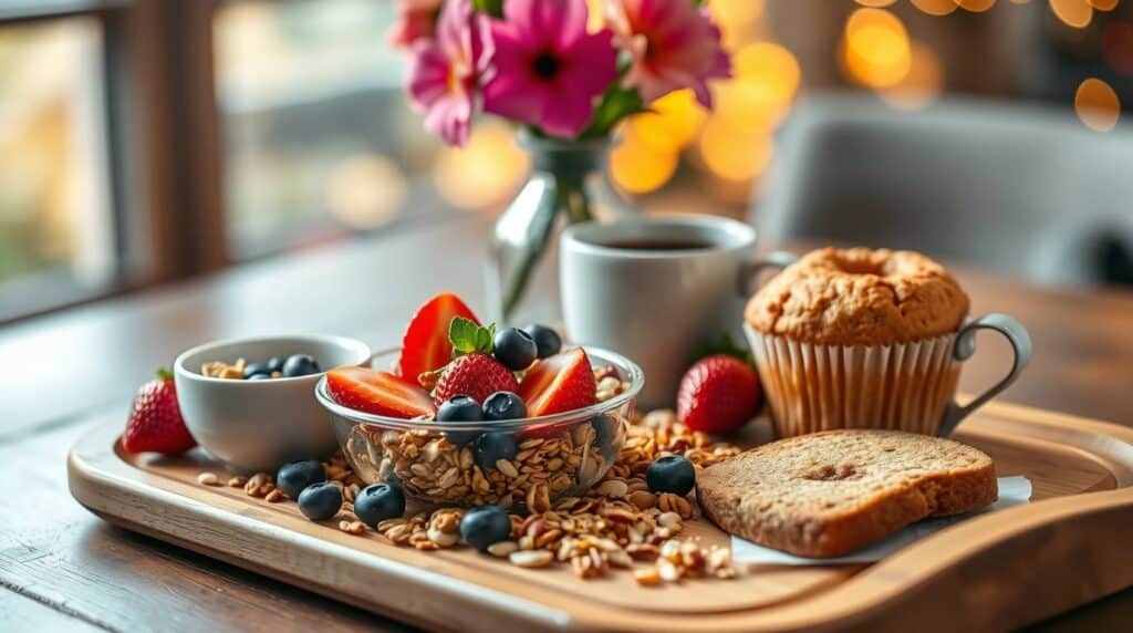 Healthy Breakfast Curry Recipe: A Nutritious Way to Start 3 healthy breakfast curry recipe "Wooden breakfast tray featuring a glass bowl of granola topped with fresh strawberries and blueberries, whole grain toast, a muffin, and coffee, with a vase of pink flowers and blurred bokeh lights in the background."