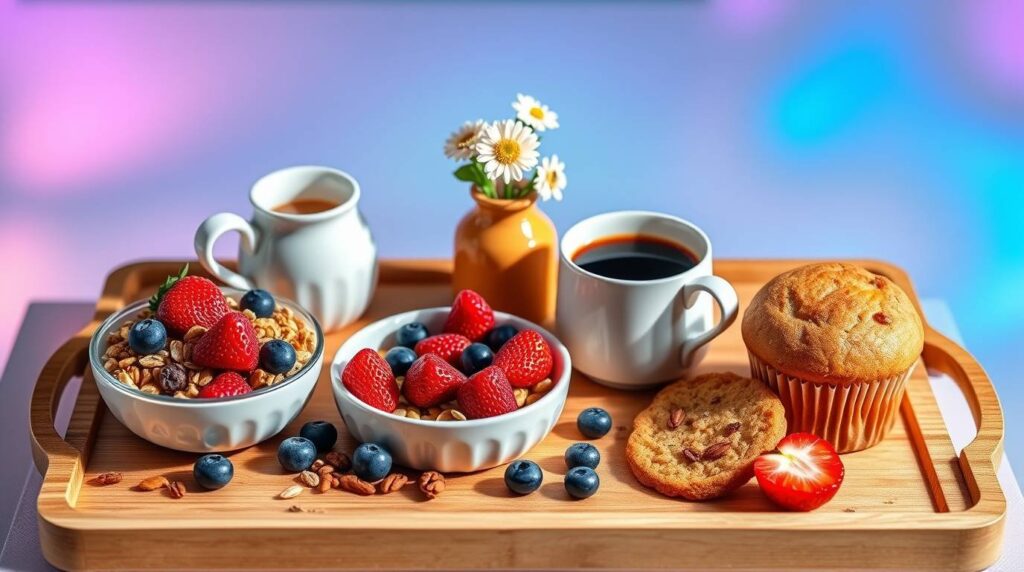 healthy breakfast curry recipe Wooden breakfast tray with bowls of granola topped with fresh strawberries and blueberries, coffee cups, a muffin, and a cookie, beautifully styled with a blurred colorful bokeh background."