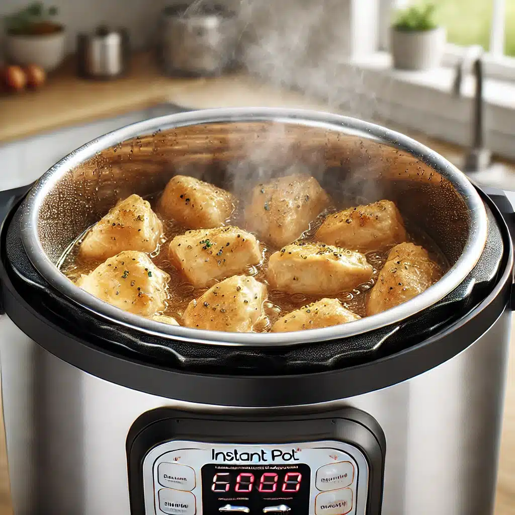 Should you brown chicken before Instant Pot: showing the benefits of browning before pressure cooking., Close-up of golden-browned chicken in an Instant Pot during the sauté process.