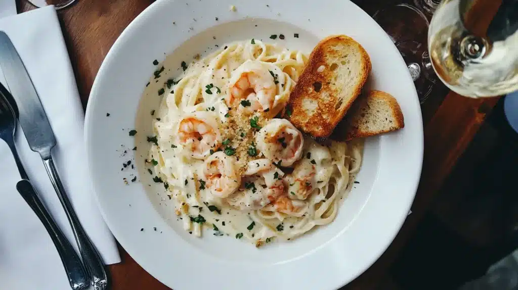 Can You Freeze Shrimp Alfredo? Best Storage & Reheating Tips 3 Can you freeze shrimp alfredo? Delicious plate of shrimp Alfredo pasta with creamy sauce, parsley, parmesan, garlic bread, and white wine.