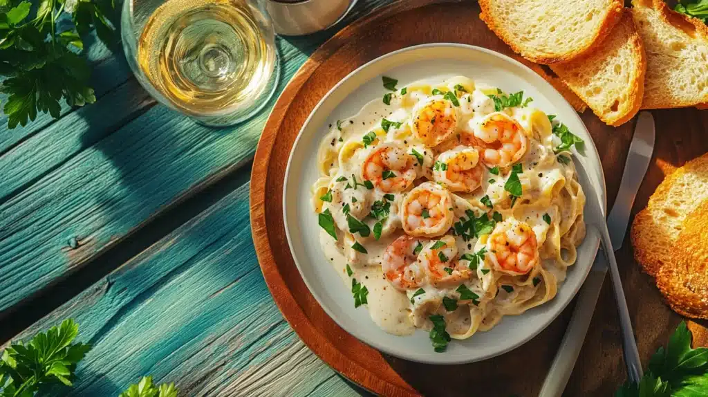 Can You Freeze Shrimp Alfredo? Best Storage & Reheating Tips 2 Can you freeze shrimp alfredo? Delicious plate of shrimp Alfredo pasta with creamy sauce, parsley, parmesan, garlic bread, and white wine.