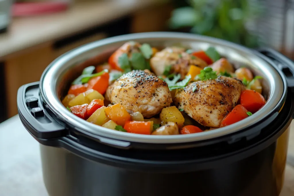 Are Instant Pot Meals Healthy? The Surprising Truth! 3 Are Instant Pot Meals Healthy Freshly cooked meal with vegetables, featuring seasoned chicken, diced bell peppers, carrots, and potatoes, garnished with fresh herbs in a slow cooker.