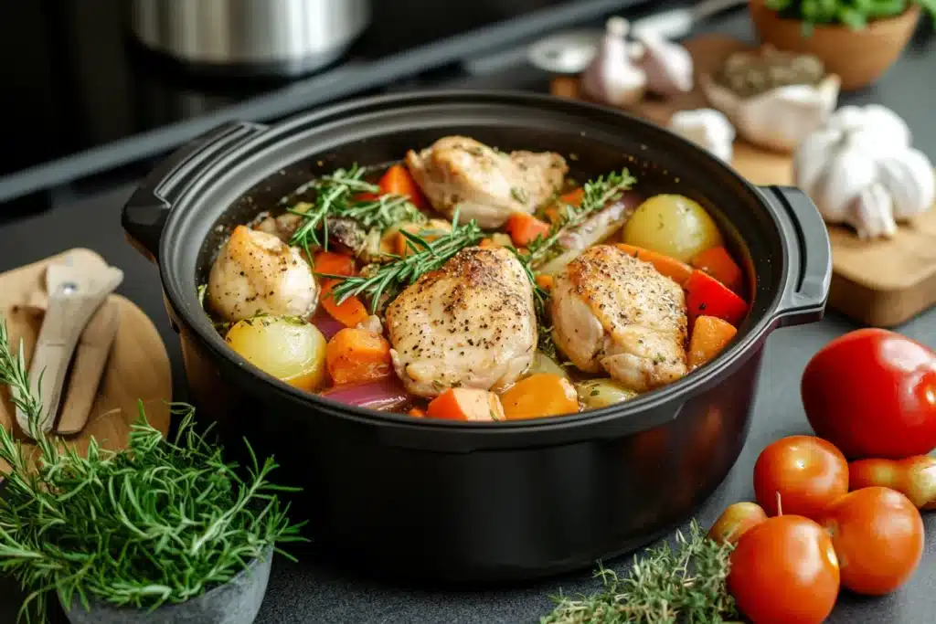 Are Instant Pot Meals Healthy? The Surprising Truth! 2 Are Instant Pot Meals Healthy? Freshly cooked meal with vegetables, featuring juicy chicken, baby potatoes, carrots, red onions, and fresh rosemary in a rich broth, served in a black pot.