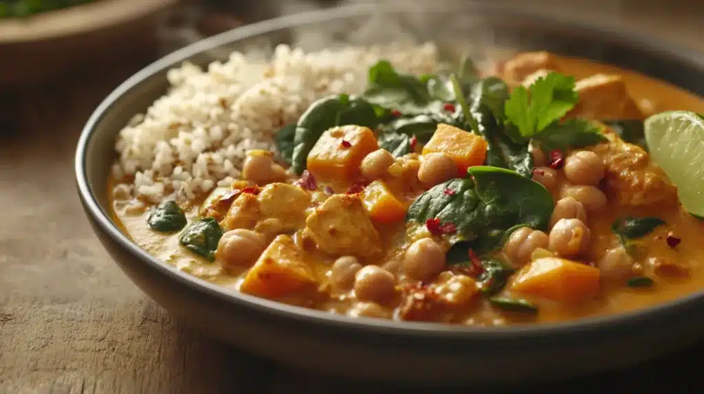 Discover the Healthiest Curry Dishes for a Nutritious Meal 2 Healthiest Curry Dish: A steaming bowl of healthy curry with chickpeas, spinach, and sweet potatoes in a golden turmeric sauce, served with brown rice and garnished with fresh cilantro and lime.