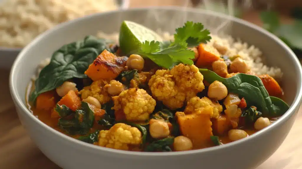 Discover the Healthiest Curry Dishes for a Nutritious Meal 3 Healthiest Curry Dishes: A steaming bowl of vegetable curry with roasted sweet potatoes, cauliflower, chickpeas, and spinach in a spiced turmeric sauce, served with brown rice and garnished with fresh cilantro and lime.