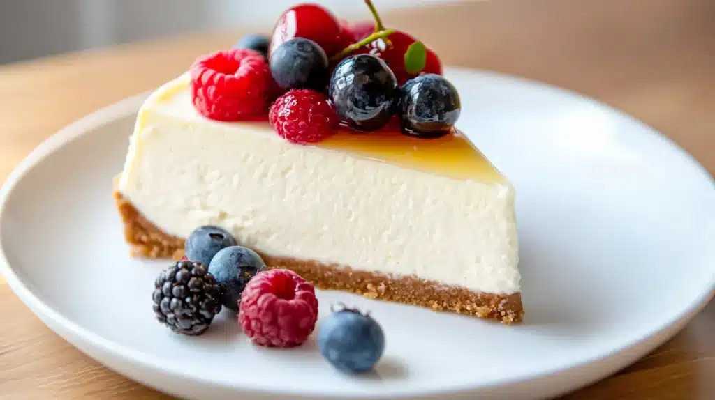 The Ultimate Guide to Healthy Cheesecake: A Delicious, Guilt-Free Treat 2 Healthy Cheesecake: A creamy and delicious slice of healthy cheesecake topped with fresh berries and a light drizzle of honey, served on a white plate.