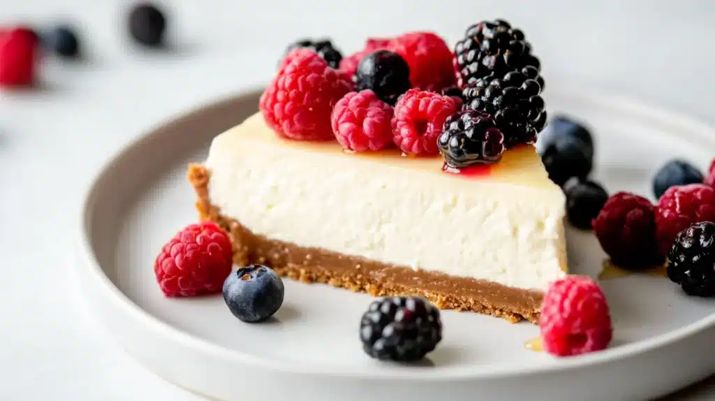 The Ultimate Guide to Healthy Cheesecake: A Delicious, Guilt-Free Treat 4 Healthy Cheesecake: A creamy and delicious slice of healthy cheesecake topped with fresh berries and a light drizzle of honey, served on a white plate.