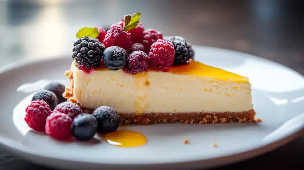 The Ultimate Guide to Healthy Cheesecake: A Delicious, Guilt-Free Treat 3 Healthy Cheesecake: A creamy and delicious slice of healthy cheesecake topped with fresh berries and a light drizzle of honey, served on a white plate.