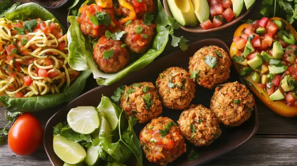 Best Healthy Ground Chicken Recipes for Nutritious Meals 2 Healthy Ground Chicken Recipes: A vibrant and healthy spread of ground chicken recipes, including lettuce wraps with zoodles, stuffed bell peppers with avocado salsa, and juicy chicken meatballs, garnished with fresh cilantro and lime slices on a rustic wooden table