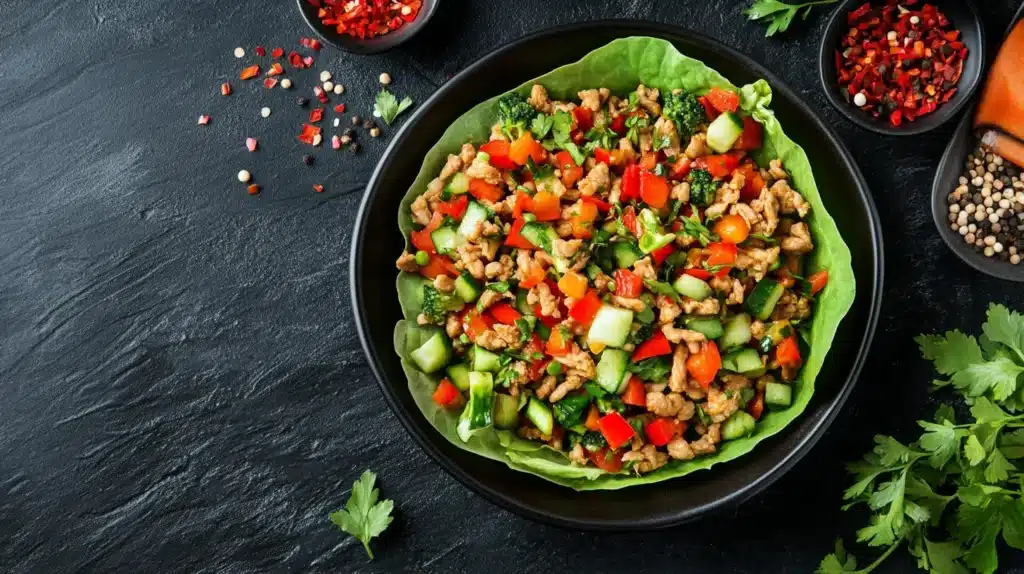 Is Ground Chicken Healthy for Weight Loss? 4 A colorful and healthy ground chicken salad with fresh vegetables, ideal for weight loss. Discover if ground chicken is healthy for weight loss and how to include it in your diet.