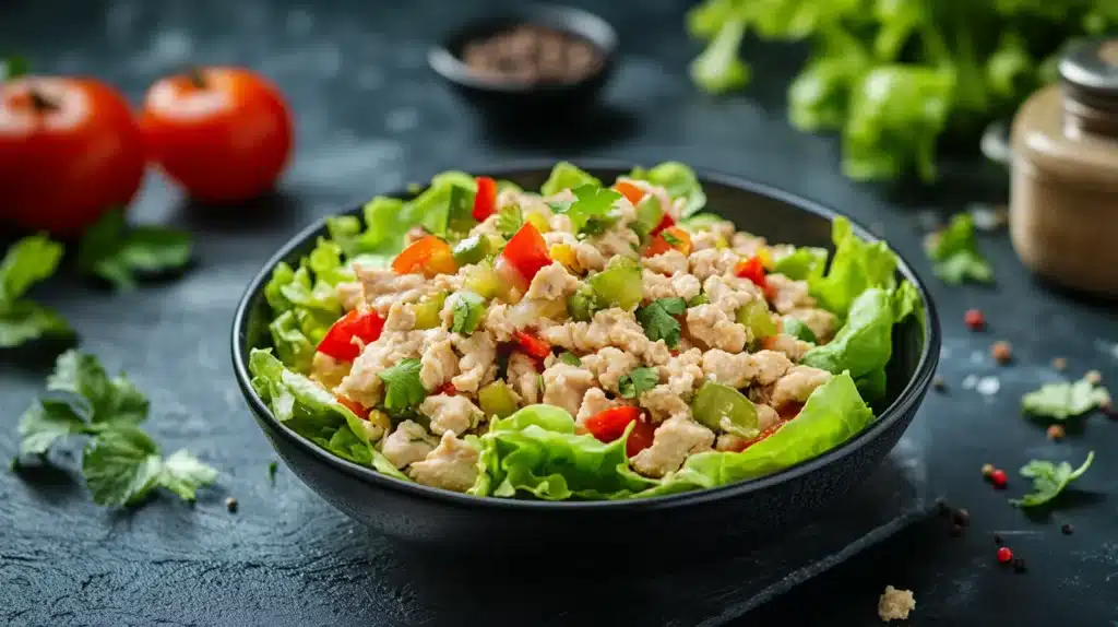 Is Ground Chicken Healthy for Weight Loss? 2 A healthy ground chicken salad with fresh vegetables, perfect for weight loss. Discover if ground chicken is healthy for weight loss and how to include it in your diet