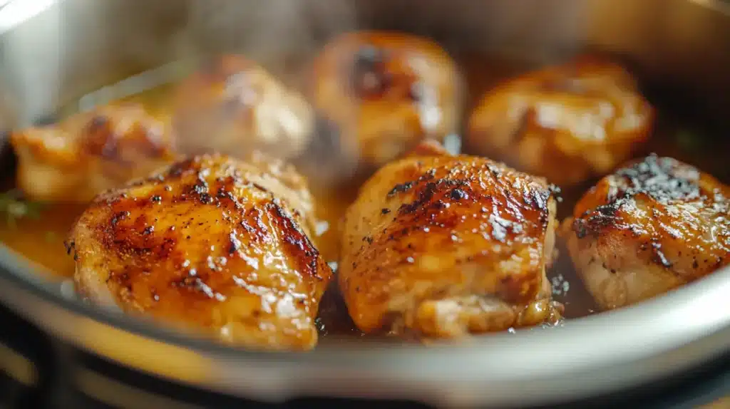 Should you brown chicken before Instant Pot 3 Crispy, well-seared chicken thighs cooking inside an Instant Pot, showing the benefits of browning before pressure cooking.