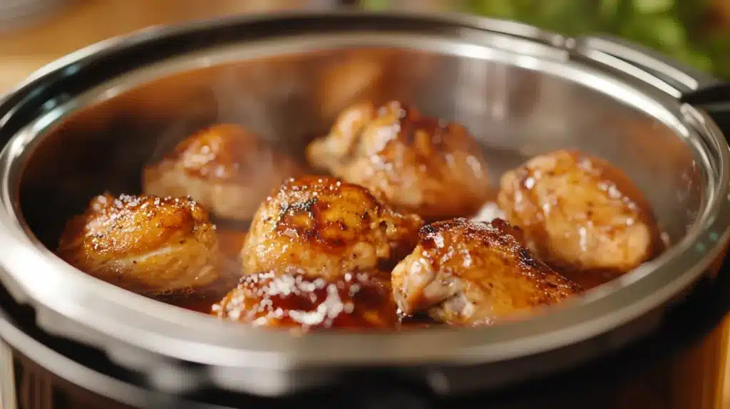 Should you brown chicken before Instant Pot 2 Should you brown chicken before Instant Pot? Golden-brown chicken pieces sizzling inside an Instant Pot, releasing rich flavors and steam.