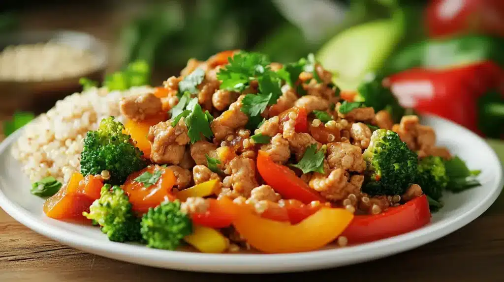 Is Chicken Mince Healthy? A Comprehensive Guide 4 A vibrant and healthy chicken mince stir-fry with colorful bell peppers, broccoli, and quinoa, garnished with fresh cilantro on a white plate. A nutritious and delicious meal.