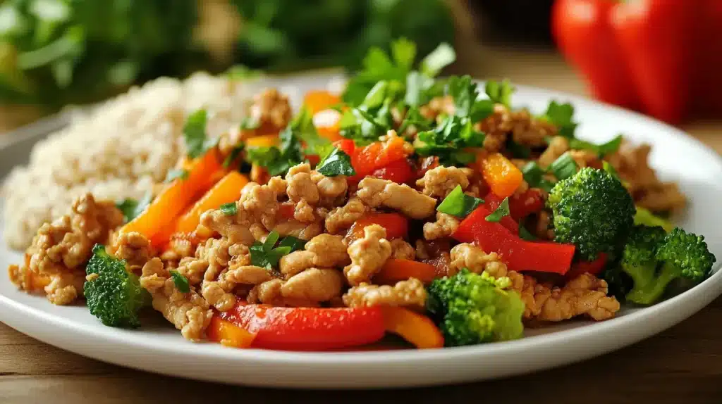 Is Chicken Mince Healthy? A Comprehensive Guide 2 A healthy chicken mince stir-fry with colorful bell peppers, broccoli, and quinoa, garnished with fresh herbs on a white plate. A nutritious and delicious meal option