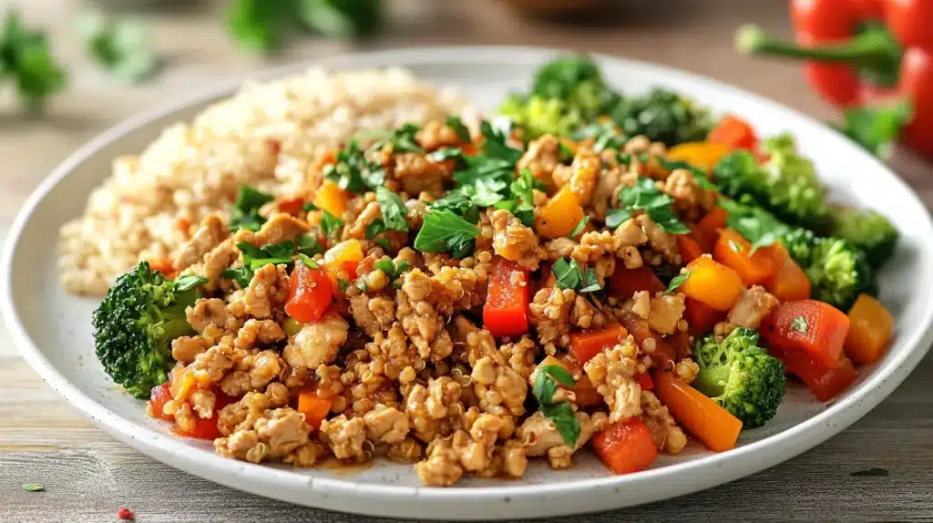 Is Chicken Mince Healthy? A Comprehensive Guide 3 A delicious and healthy chicken mince stir-fry with quinoa, bell peppers, and broccoli, garnished with fresh herbs on a white plate. A nutritious meal for a balanced diet