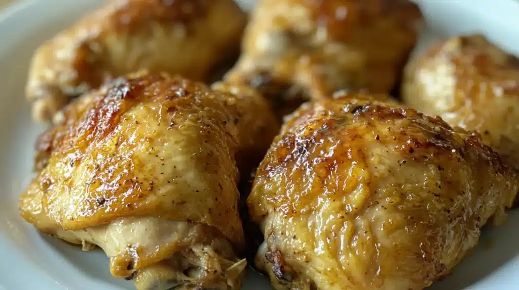 Why is My Instant Pot Chicken Rubbery? Causes & Fixes 4 "Crispy, golden-brown Instant Pot chicken thighs served on a white plate. The skin appears flavorful with a slight glaze. Why is my Instant Pot chicken rubbery?"