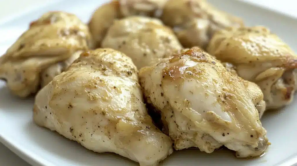Why is My Instant Pot Chicken Rubbery? Causes & Fixes 2 Close-up of pale, slightly rubbery Instant Pot chicken thighs on a white plate. The chicken appears moist but lacks crispiness. Why is my Instant Pot chicken rubbery