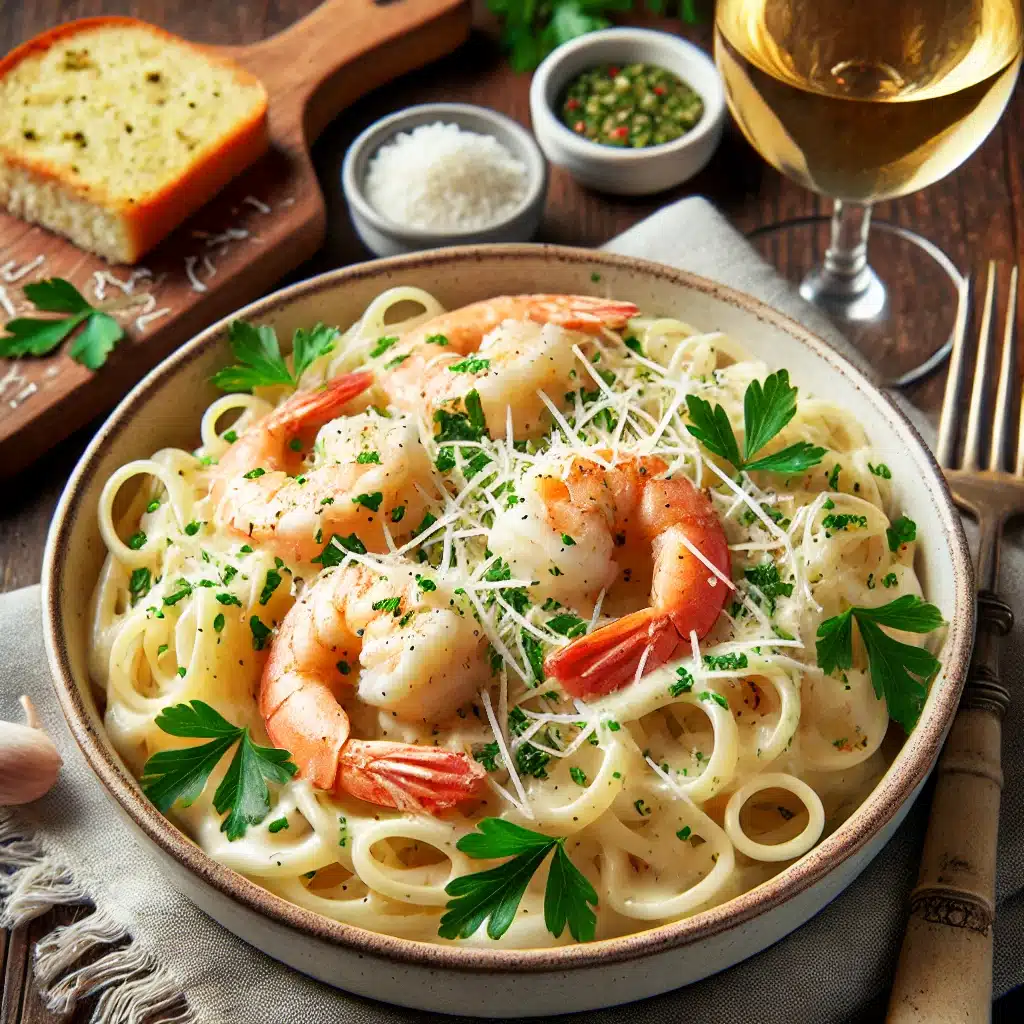 Can you freeze shrimp alfredo? Delicious plate of shrimp Alfredo pasta with creamy sauce, parsley, parmesan, garlic bread, and white wine.