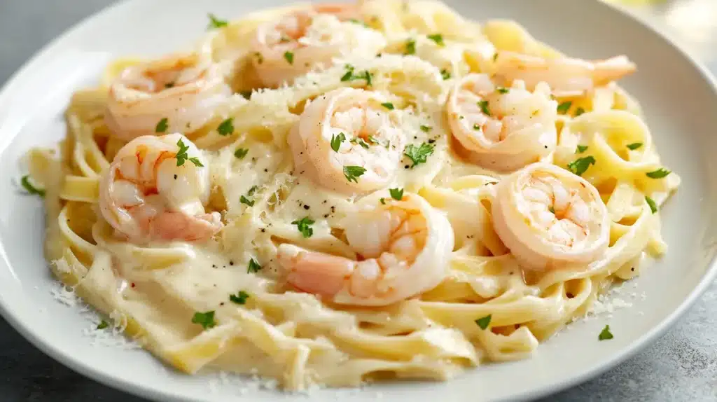 How Many Calories Are in Shrimp Alfredo? Find Out Now! 3 A delicious plate of Shrimp Alfredo pasta served on a white dish, featuring creamy Alfredo sauce, fettuccine, and plump shrimp, garnished with fresh parsley and Parmesan cheese. How many calories are in Shrimp Alfredo?