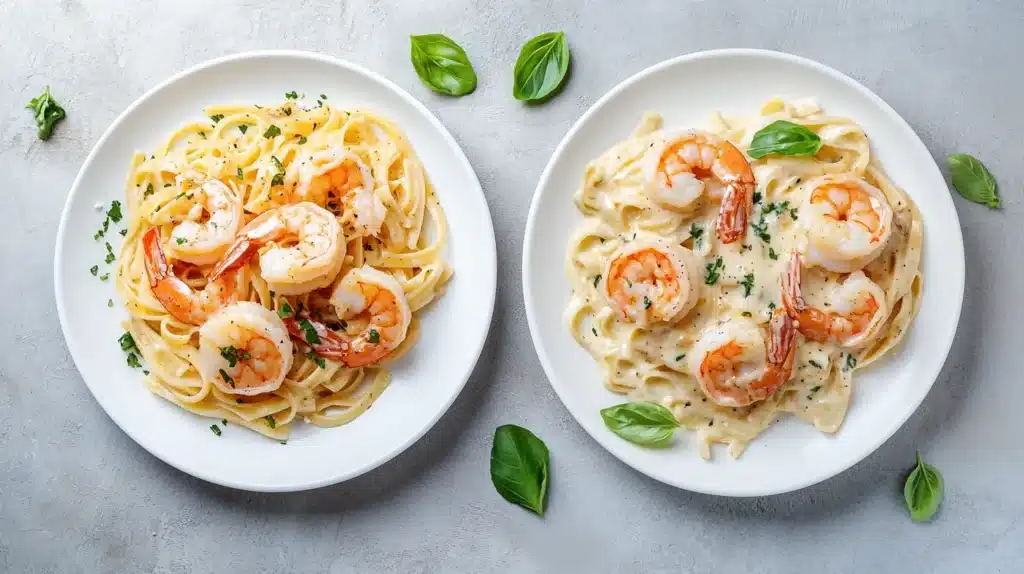 How Many Calories Are in Shrimp Alfredo? Find Out Now! 2 Two variations of Shrimp Alfredo pasta served on white plates, one with a lighter sauce and the other with a rich, creamy Alfredo sauce, garnished with fresh basil and parsley. How many calories are in Shrimp Alfredo?