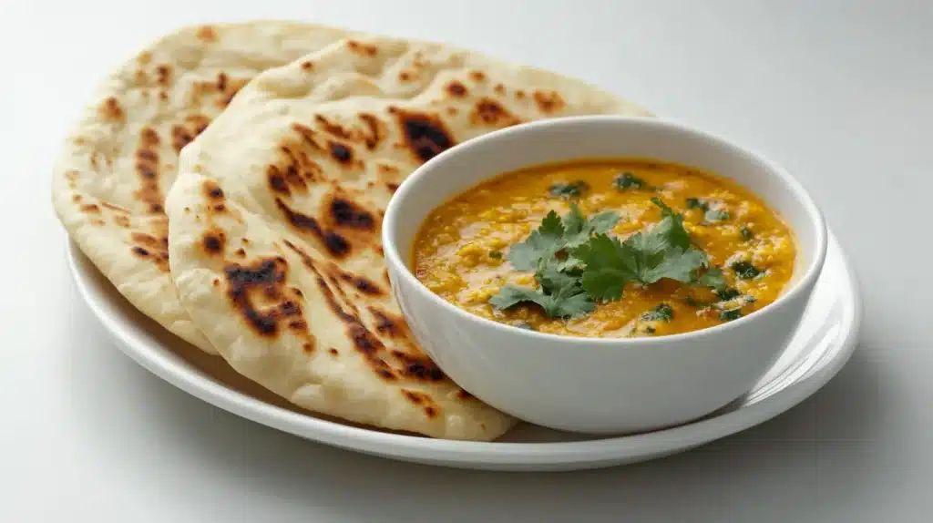 What Curries Are Eaten for Breakfast? 4 What curries are eaten for breakfast: A bowl of creamy breakfast curry with tender chicken pieces, garnished with fresh cilantro, served alongside warm naan bread on a white plate
