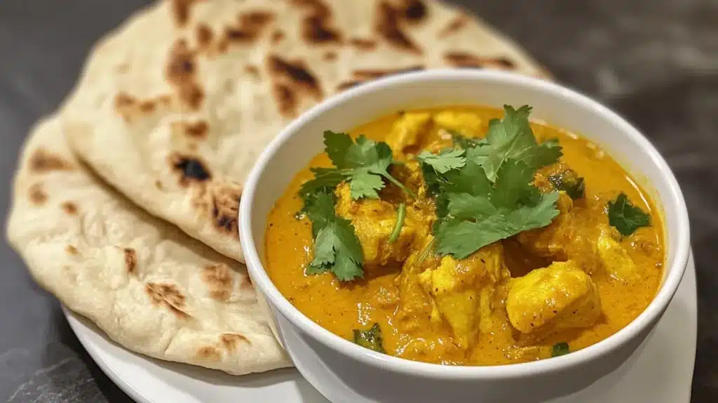 What Curries Are Eaten for Breakfast? 2 What curries are eaten for breakfast: A bowl of creamy breakfast curry with tender chicken pieces, garnished with fresh cilantro, served alongside warm naan bread on a white plate.