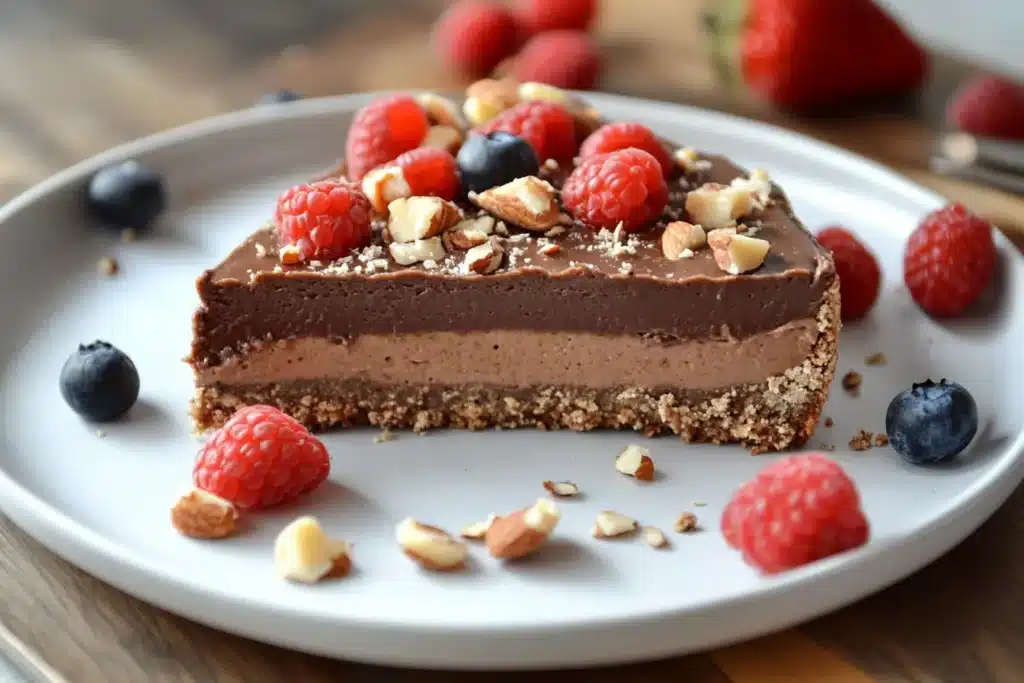 Is Cheesecake Healthier Than Other Desserts? (Ultimate Guide) 2 Is cheesecake healthier than other desserts? A close-up view of a creamy classic cheesecake slice topped with fresh strawberries and blueberries. Perfect for dessert enthusiasts looking for a simple yet elegant treat.