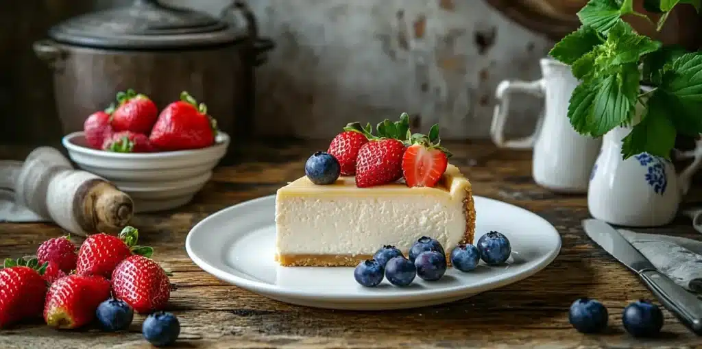 Is Cheesecake Healthier Than Other Desserts? (Ultimate Guide) 3 Is cheesecake healthier than other desserts? A slice of classic cheesecake on a white plate, garnished with fresh strawberries and blueberries, set against a rustic kitchen background.