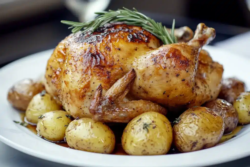 Healthy Whole Chicken and Potatoes Instant Pot Recipes 4 "Healthy whole chicken and potatoes on a white plate, garnished with fresh rosemary for a delicious meal."