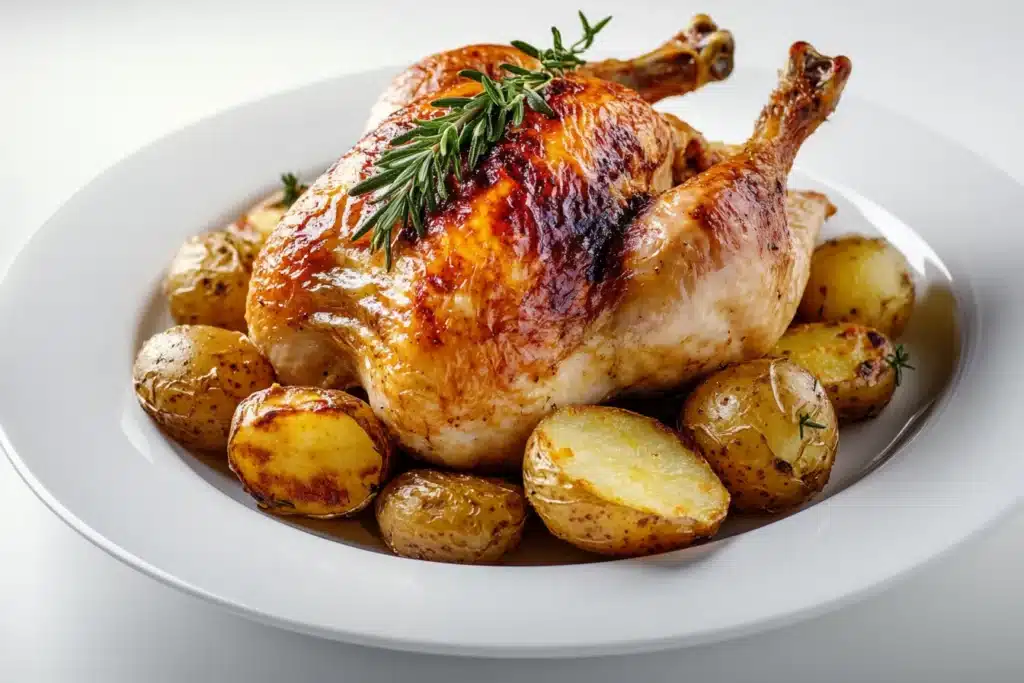 Healthy Whole Chicken and Potatoes Instant Pot Recipes 2 Healthy whole chicken and potatoes served on a white plate with fresh rosemary garnish