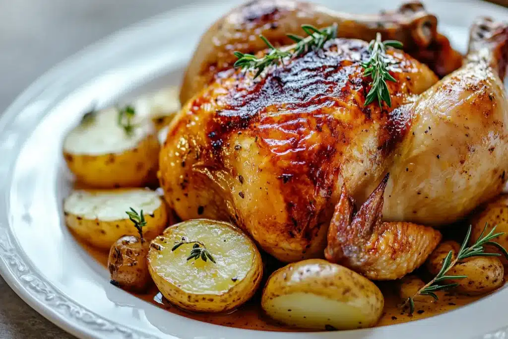Healthy Whole Chicken and Potatoes Instant Pot Recipes 3 "Perfectly roasted healthy whole chicken with golden potatoes, garnished with fresh thyme on a white plate."