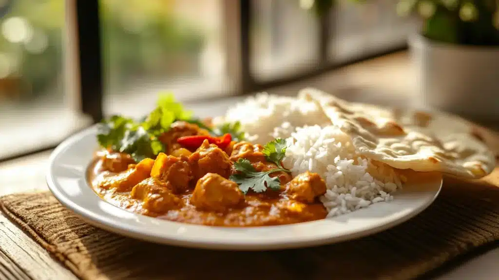 Is It Normal to Eat Curry for Breakfast? Shocking Benefits! 3 A delicious plate of curry with rice and naan, garnished with fresh cilantro and chili, served on a white plate in natural morning light. Is it normal to eat curry for breakfast? Discover why it's a flavorful and healthy choice!