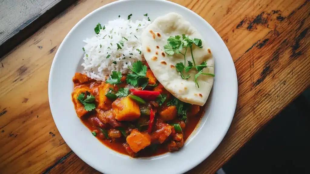 Is It Normal to Eat Curry for Breakfast? Shocking Benefits! 2 "A vibrant plate of curry with rice and naan, garnished with fresh cilantro and red chili, served on a white plate over a rustic wooden table. Is it normal to eat curry for breakfast? Find out why this flavorful dish is a great morning meal!"