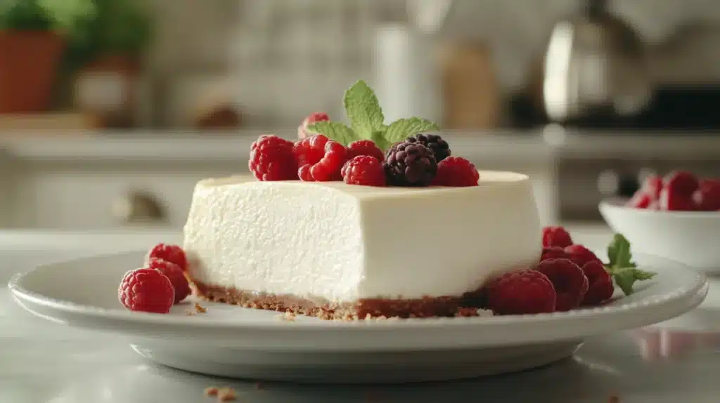 What Is a Healthy Substitute for Cream Cheese in Cheesecake? 3 Healthy cheesecake topped with fresh berries and mint leaves, illuminated by sunlight.