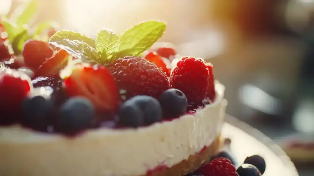 What Is a Healthy Substitute for Cream Cheese in Cheesecake? 2 healthy substitute for cream: Healthy cheesecake topped with fresh berries and mint leaves, illuminated by sunlight.