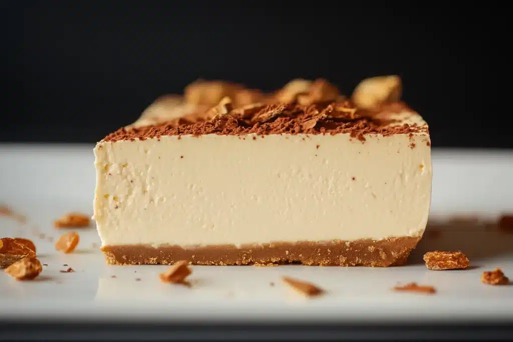 Healthy Cheesecake Recipe: A Guilt-Free Indulgence 4 A creamy and smooth healthy cheesecake recipe with a golden biscuit base, topped with cocoa powder and chocolate shavings, served on a white plate.
