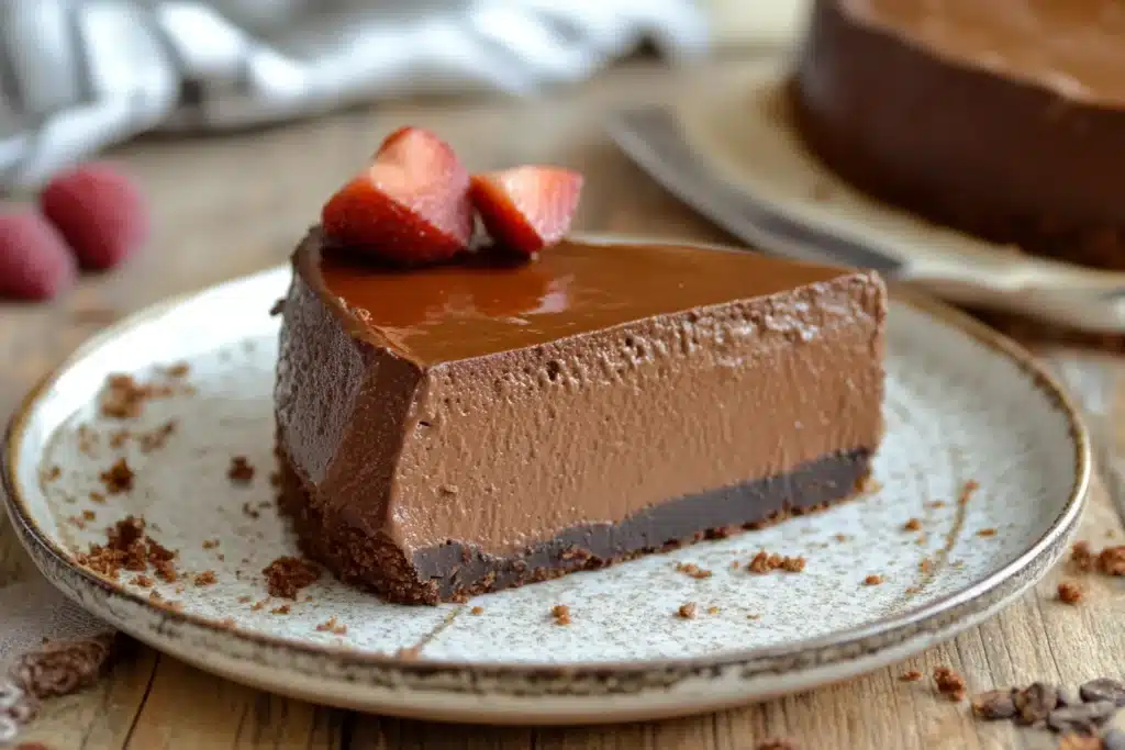 Healthy Cheesecake Recipe: A Guilt-Free Indulgence 3 A rich and velvety healthy cheesecake recipe with a smooth chocolate glaze, topped with fresh strawberries, served on a rustic ceramic plate.