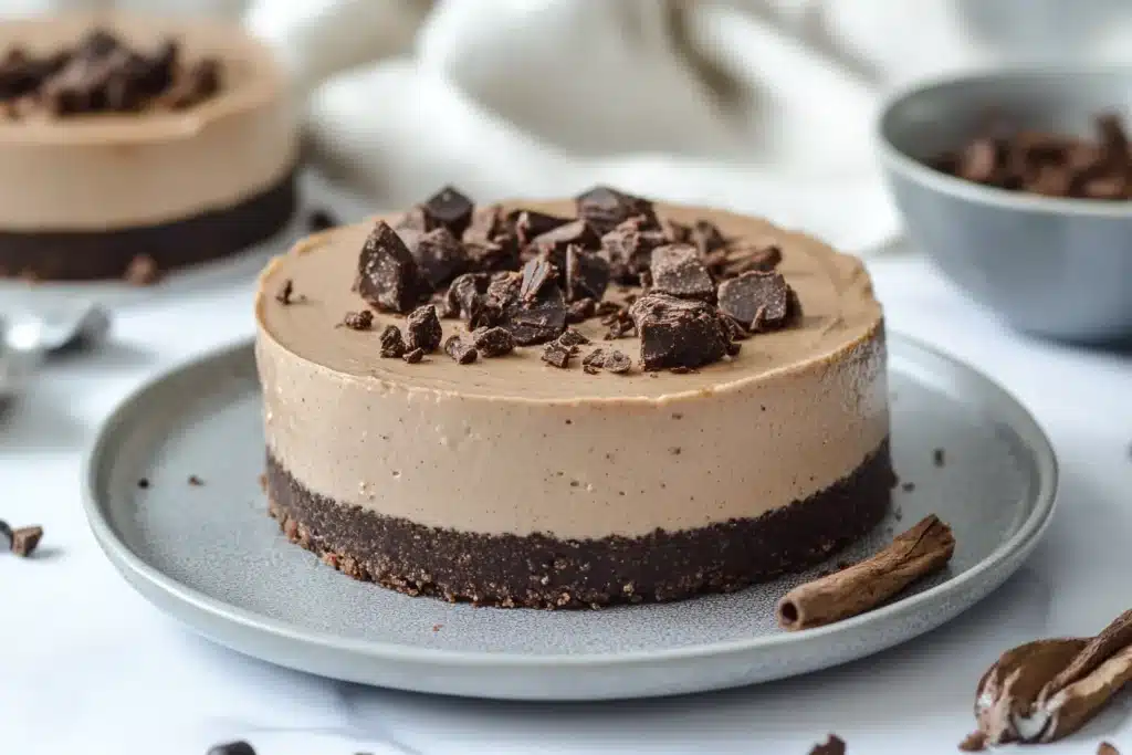 Healthy Cheesecake Recipe: A Guilt-Free Indulgence 2 A rich and creamy healthy cheesecake recipe with a chocolate base, topped with dark chocolate chunks, served on a grey plate.