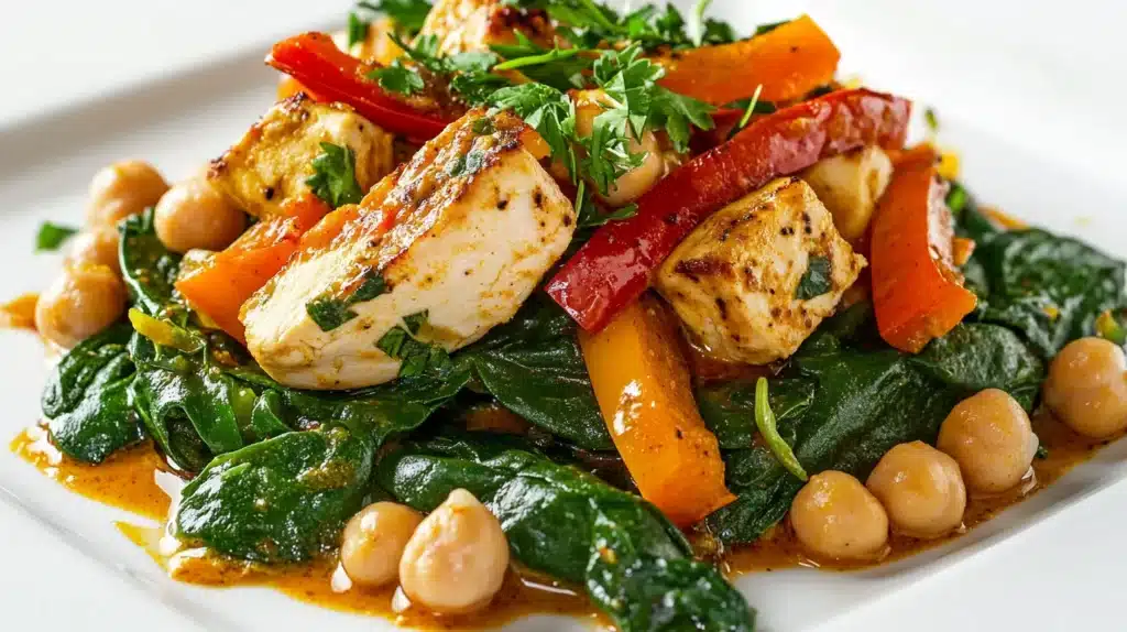 Can Curry Be Healthy? 7 Reasons to Enjoy Nutritious Curry 3 Can Curry Be Healthy? A healthy curry dish with grilled chicken, chickpeas, sautéed spinach, and colorful bell peppers, served on a clean white plate.