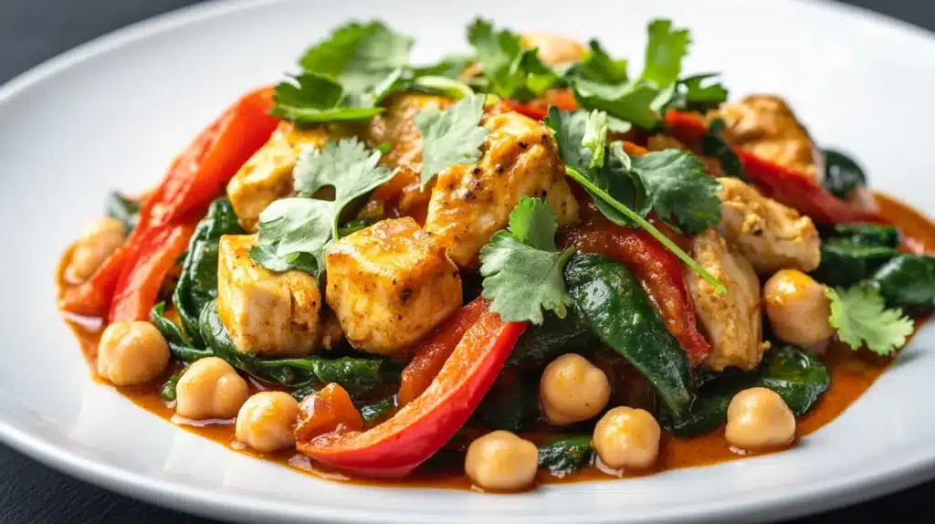 Can Curry Be Healthy? 7 Reasons to Enjoy Nutritious Curry 2 Can Curry Be Healthy? A vibrant, healthy curry dish with chickpeas, tofu, red bell peppers, and fresh spinach, served on a white plate with rich, nutritious sauce