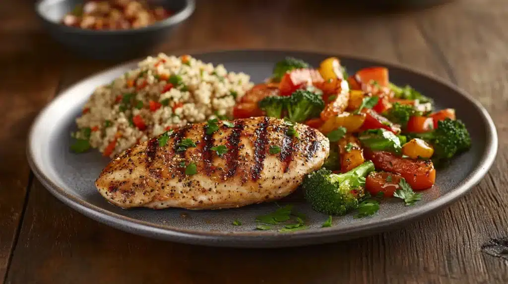 Best Healthy Chicken Cuts & Cooking Tips for Your Diet 2 A plated dish featuring the best healthy chicken breast, grilled to perfection with roasted vegetables and quinoa salad, served on a rustic wooden table.