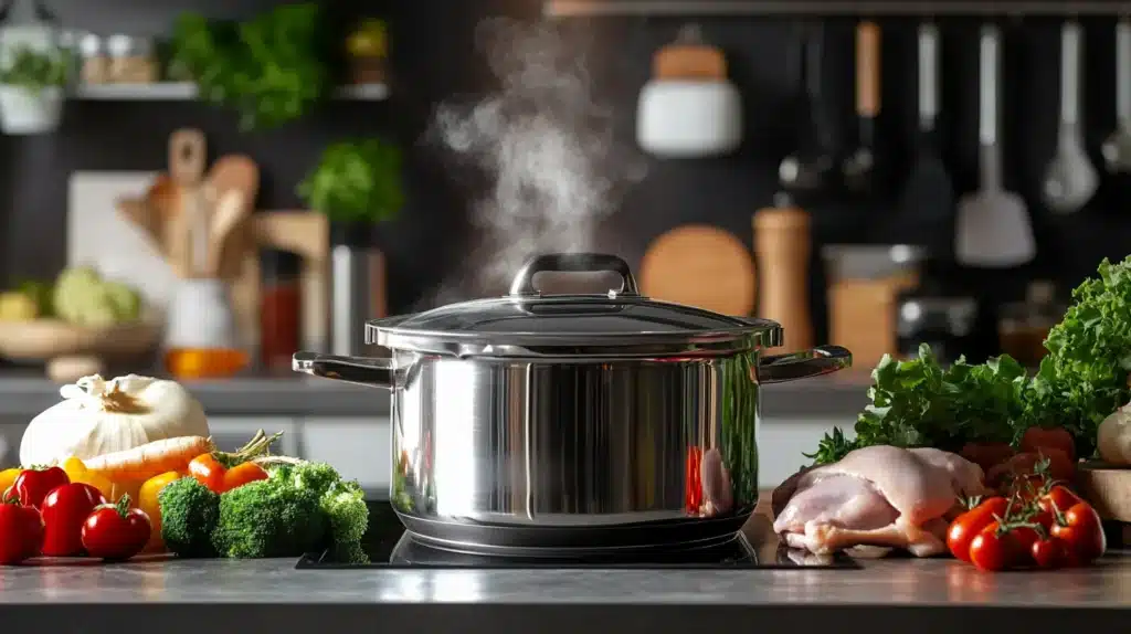 Is Chicken in a Pressure Cooker Healthy? 5 Powerful Benefits 2 chicken in a pressure cooker healthy: A steaming stainless steel pressure cooker on a modern kitchen counter, surrounded by fresh chicken, broccoli, tomatoes, and other healthy vegetables