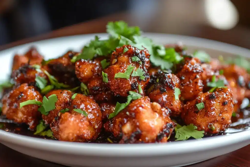 Can You Velvet Ground Chicken? 3 Crispy, golden-brown velvet ground chicken bites coated in a rich, flavorful sauce, garnished with fresh cilantro on a white plate.