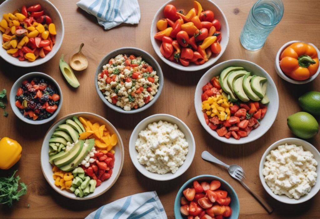 10 Irresistible Cottage Cheese Lunch Recipes 3 Fresh and colorful cottage cheese lunch bowls with vegetables, quinoa, and fruit on a wooden table.