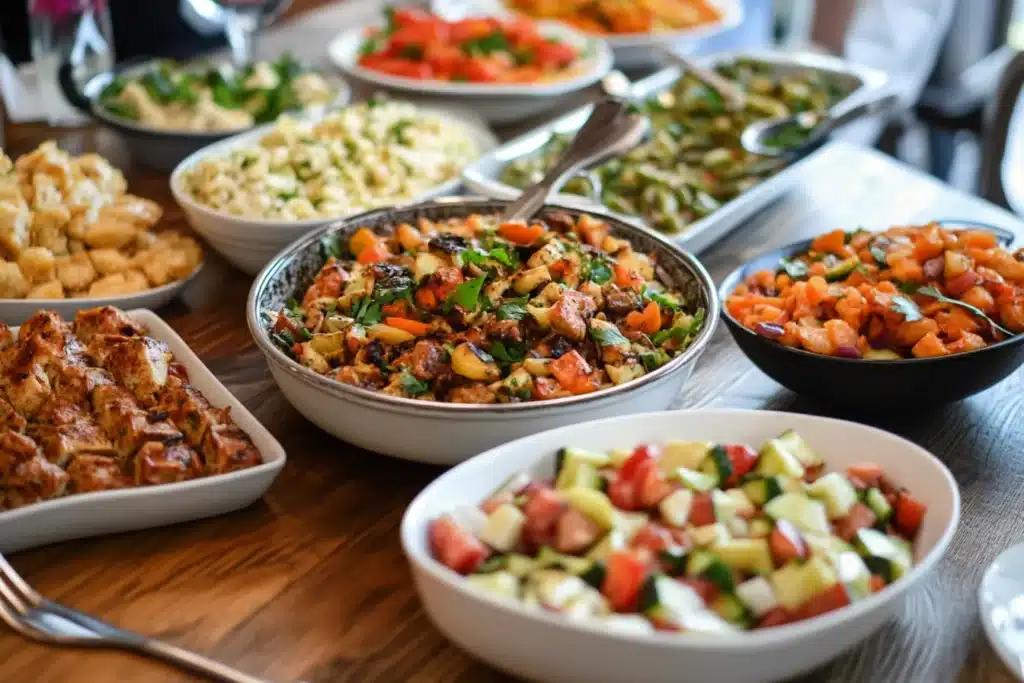 Easy Healthy Weeknight Dinners for Family 🍽️ 2 A variety of easy, healthy weeknight dinners for family, featuring colorful vegetable salads, grilled chicken, and roasted vegetables on a wooden table