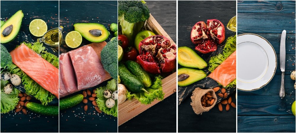 10 Power-Packed High-Protein Lunches to Fuel Your Day 3 What Is a Good High-Protein Lunch: A collage of healthy high-protein ingredients including salmon, avocado, broccoli, almonds, quail eggs, fresh greens, and pomegranate, displayed on a black and blue wooden background.
